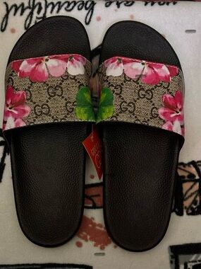 Brown Monogram Slides with Pink Floral Print